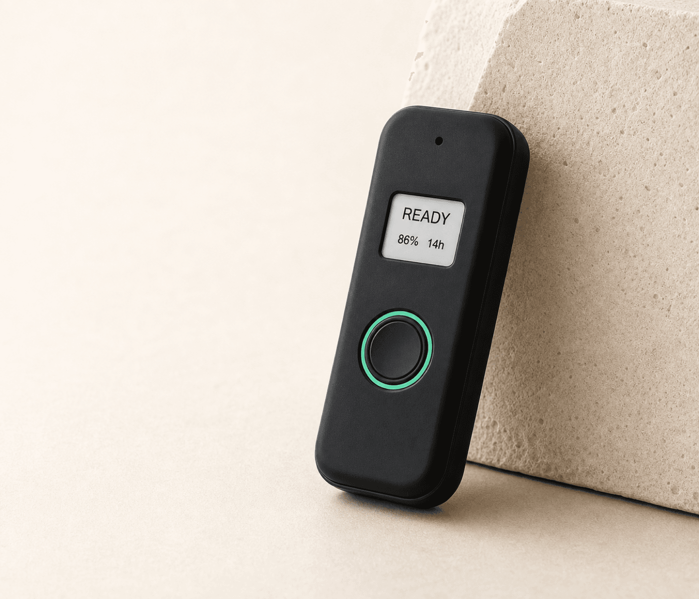 Concept render of the compact black Aira recorder beside pale limestone